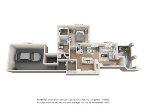 Floor plan for 1 bed, 1 bath, 770 sqft